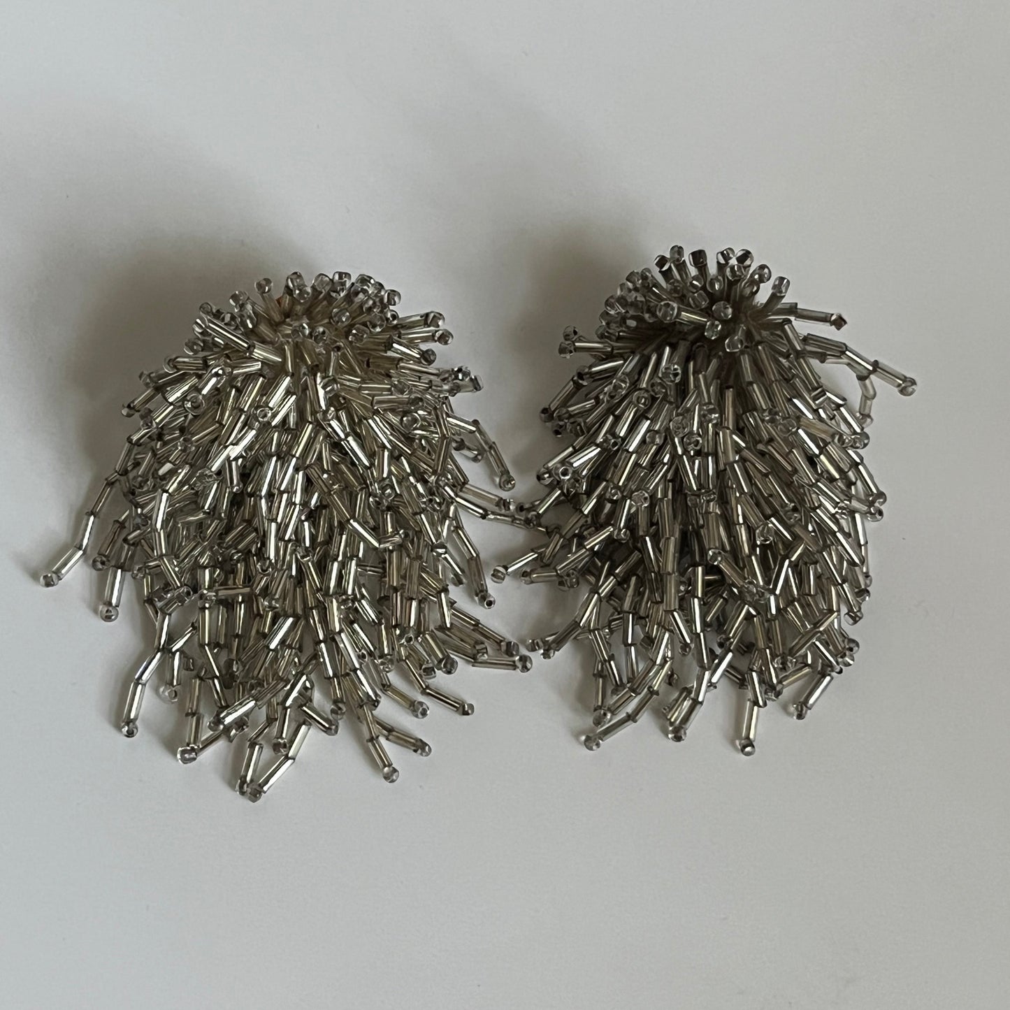Vintage earrings clip on grey glass beads waterfall 1960’s