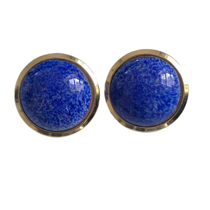 Vintage earrings clip on large blue art glass gold tone
